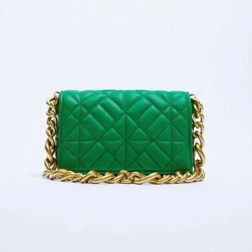 Zara Green Quilted Crossbody Bag with Gold Chain